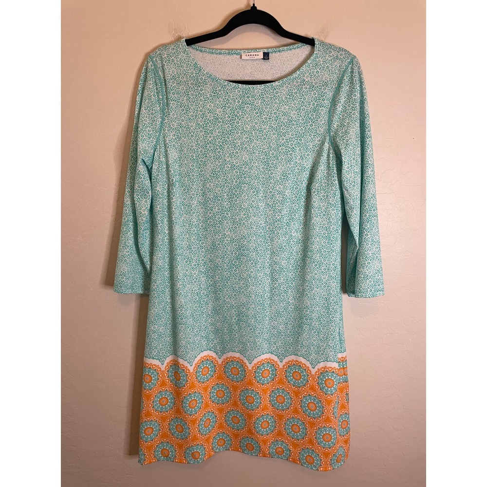 Cabana Life | Blue and Orange Tropical/Coastal 3/4 Sleeve Shift Dress Size Large